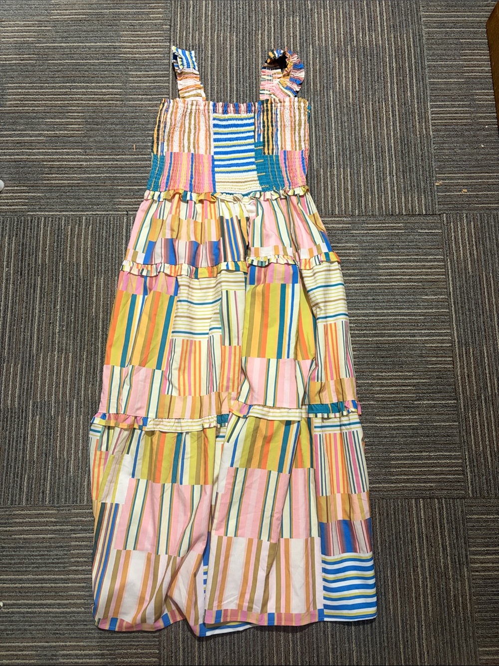 entro Multicolor Patchwork Striped Tiered Maxi Dress